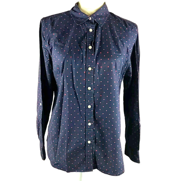 Talbots Women's Shirt Size 12 Roll Tab Cotton Navy Blue Red Polka Dot - Picture 1 of 10